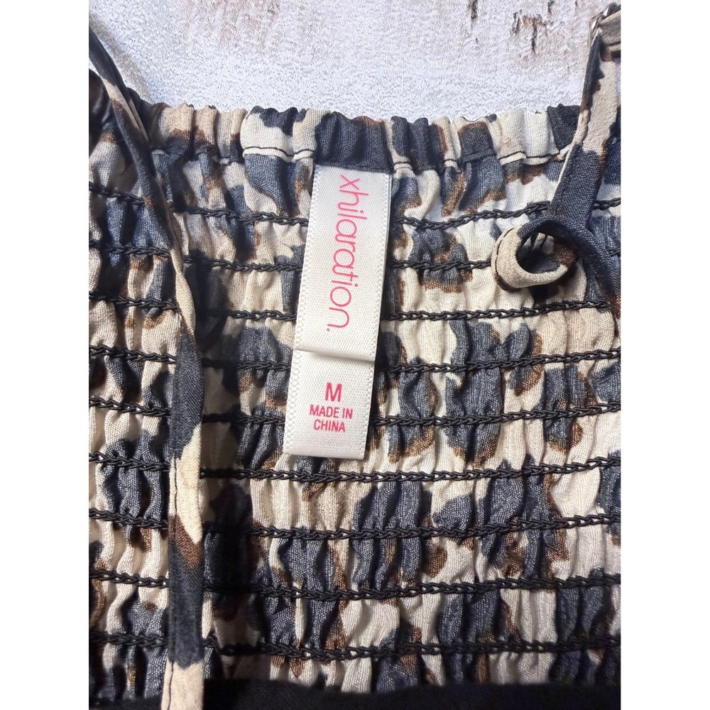 Xhilaration Leopard Print High-Low Dress Medium Tan Black Mesh Trim Smocked Back - Picture 2 of 6